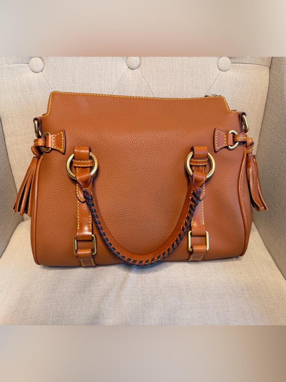 Dooney & Bourke Cognac Pebbled Leather Satchel with Braided Handle - Picture 4 of 7